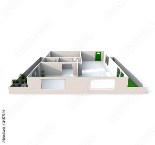 3d interior rendering of empty home apartment with balcony all around