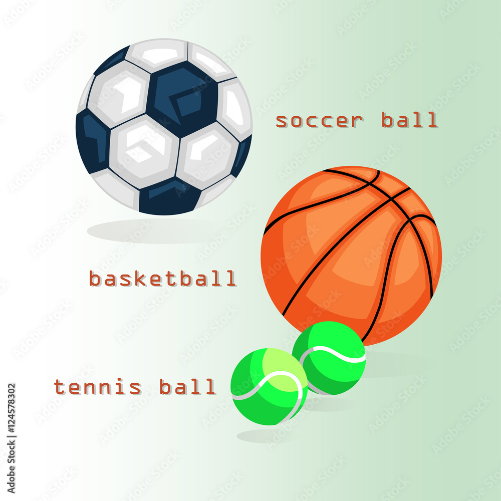 Sport  balls. Football, basketball, tennis.
