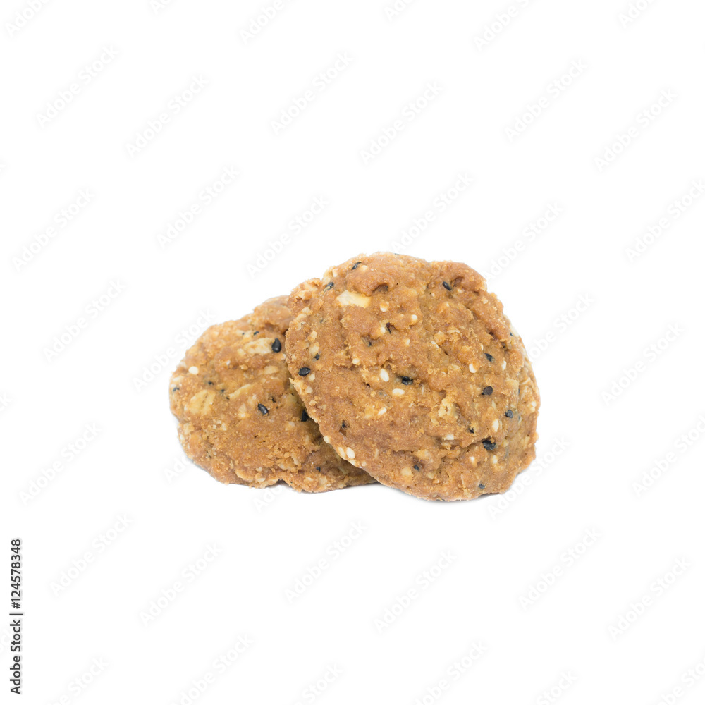 Oatmeal cookies with nuts and sesame seeds isolated on white bac Oatmeal cookies with nuts and sesame seeds isolated on white bac