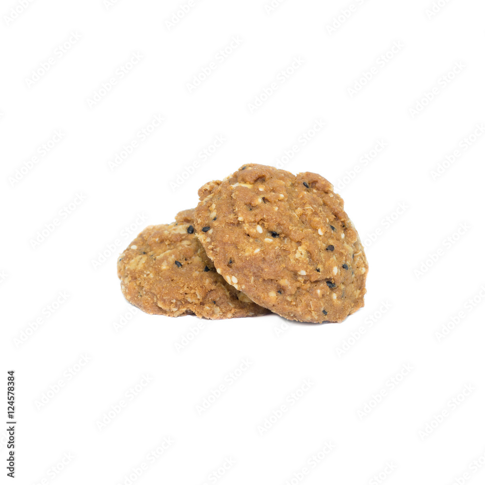 Oatmeal cookies with nuts and sesame seeds isolated on white bac Oatmeal cookies with nuts and sesame seeds isolated on white bac