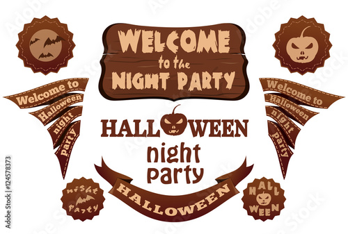Halloween elements set for design and layout. Halloween different labels and ribbons with inscriptions. Halloween symbols and attributes. Vector illustration
