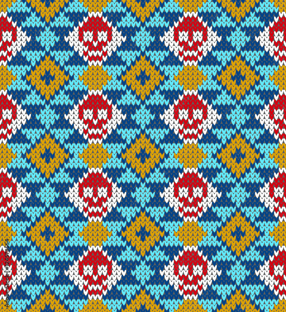 Seamless pattern with skull and ethnic mexican elements. Day of the dead, a traditional holiday in Mexico. For postcard or celebration design. Traditional Latin American patterns and ornaments