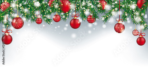 Weihnachten Banner mit Weihnachtskugeln und Tannenzweigen