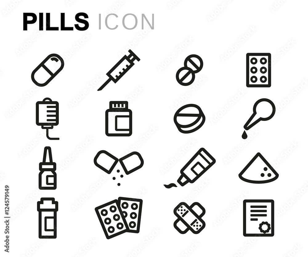 Vector black line pills icons set Vector black line pills icons set