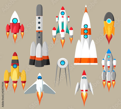 Cartoon rockets icons. Vector futuristic space ships set
