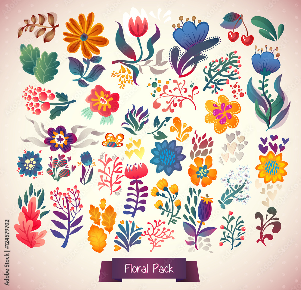 Naklejka Kwiaty dekoracyjne zestaw ilustracji. doodle rośliny
