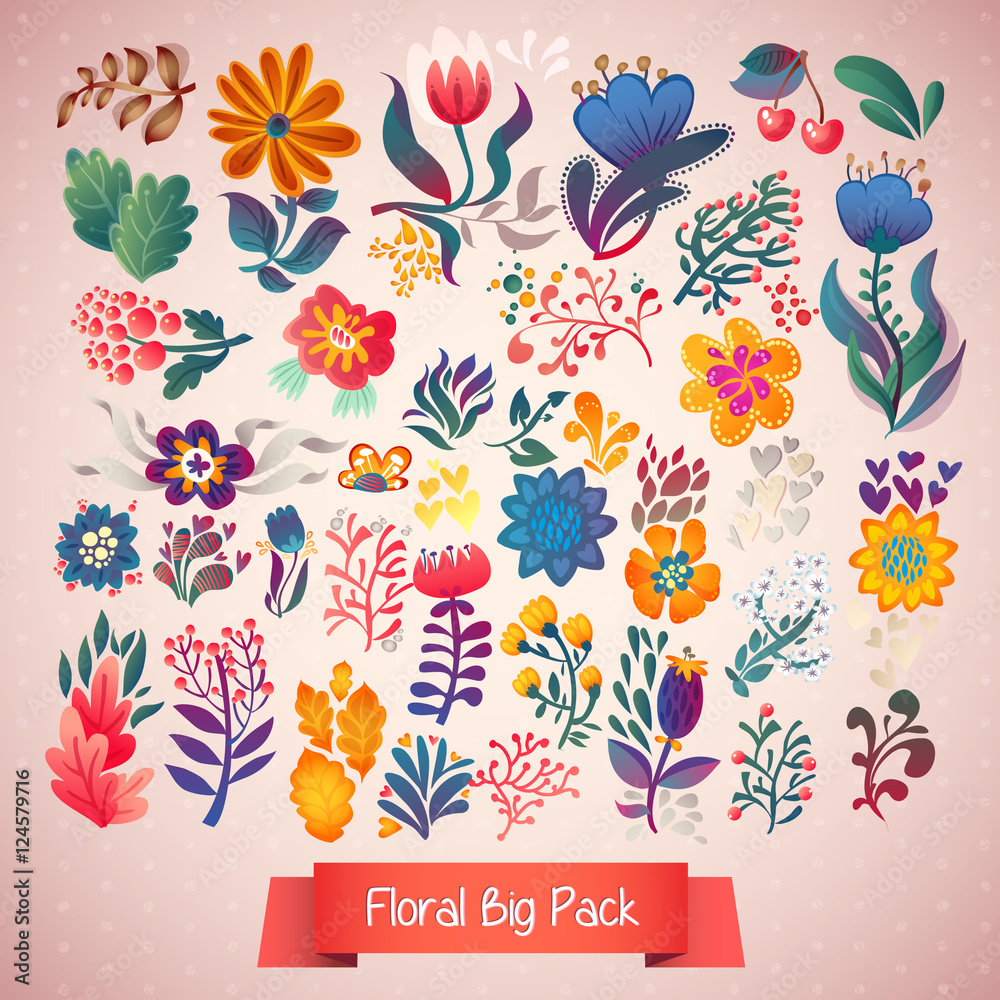 Naklejka Kwiaty dekoracyjne zestaw ilustracji. doodle rośliny