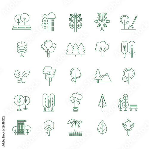 Trees set, thin line icons on white