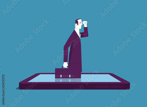 Business Vision. Businessman comes up from smartphone.