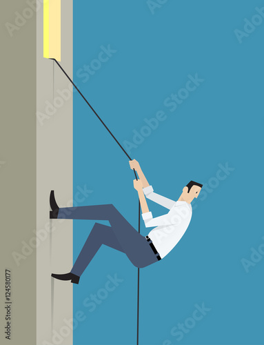 Escape The Room Game Concept. Man climbs the wall using rope.