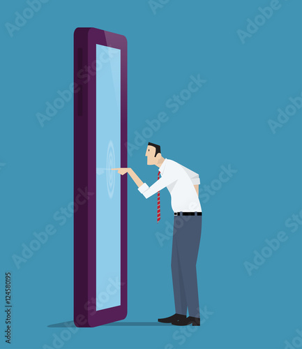 Technophobia. Man touching smartphone display with finger.
