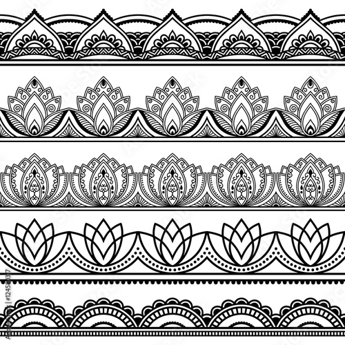 Vector henna seamless borders set. Mehndi style. Set of ornamental patterns in the oriental style.