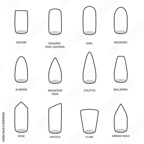 Set of different shapes of nails on white. Nail shape icons. Manicure polish. Vector illustration 