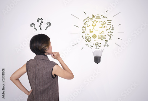 Bild auf Leinwand thinking business women with question mark and idea lightbulb for business on wa
