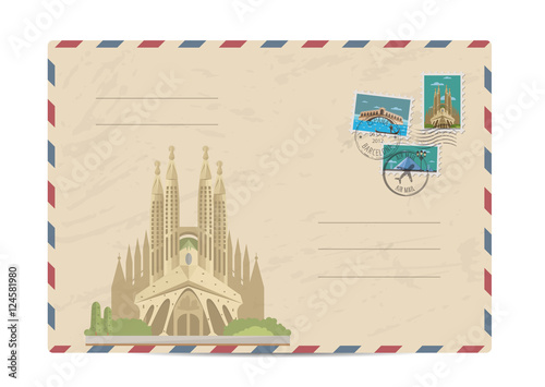 Cathedral of the Sagrada Familia in Barcelona, Spain. Postal envelope with famous architectural composition, postage stamps and postmarks vector illustration. Postal services. Envelope delivery