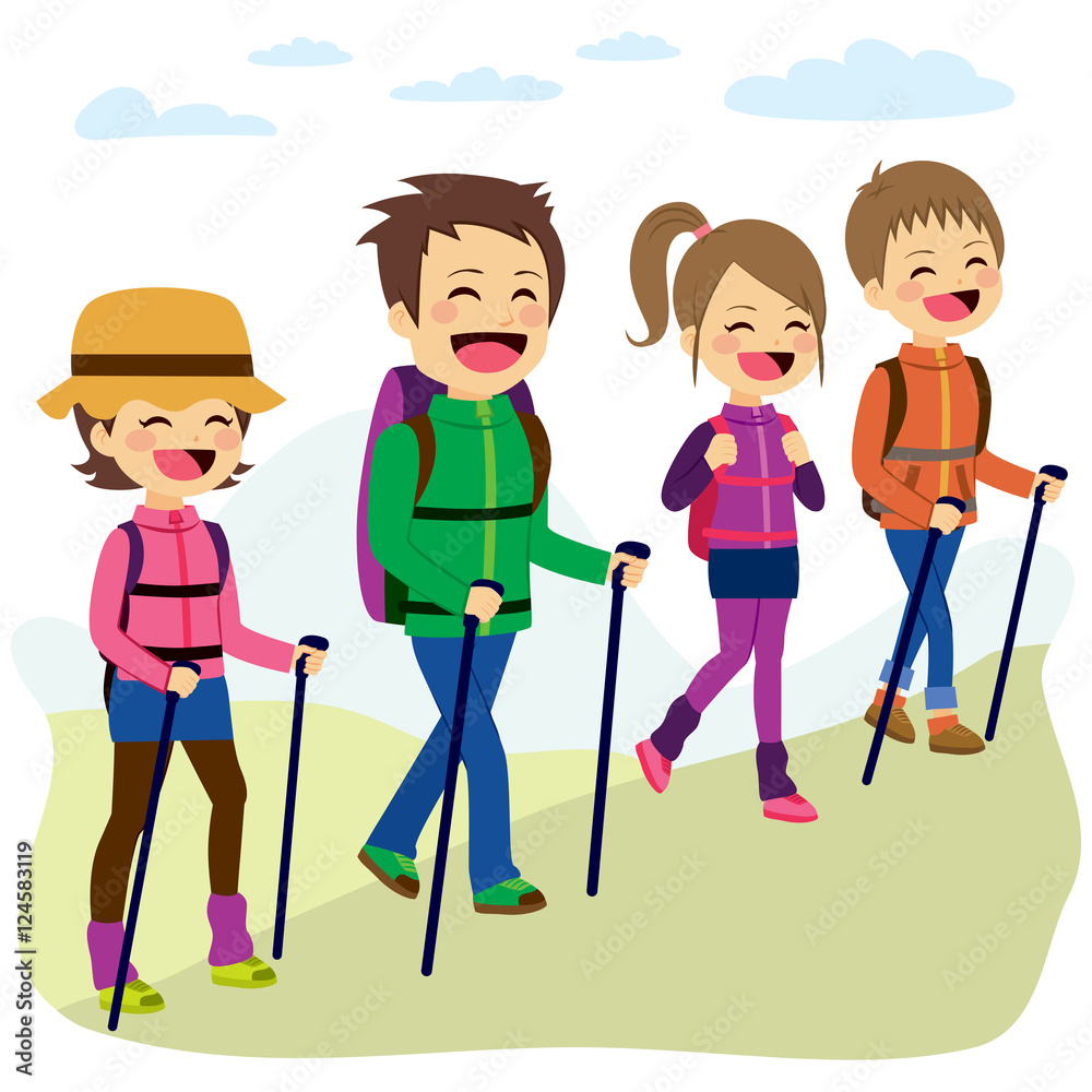 Happy family climbing mountain with sticks on a trip vacation day Happy family climbing mountain with sticks on a trip vacation day