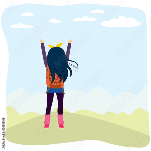 Back view illustration of girl with arms up enjoying looking nature scenery from top of mountain