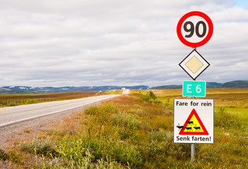 Fototapete Skandinavien Road signs with reindeers in Norway  © Maresol