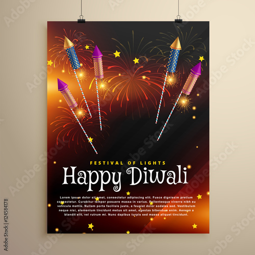 diwali festival flyer template with flying rocket crackers and f