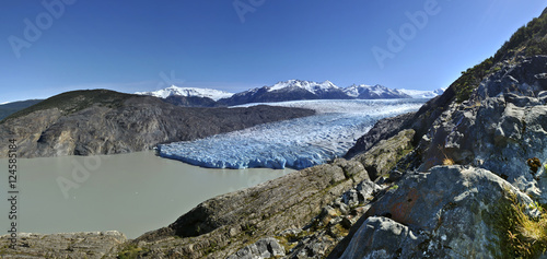 Gigantic glacier panorama under the blue sunny sky, Torres del Paine, Chile 