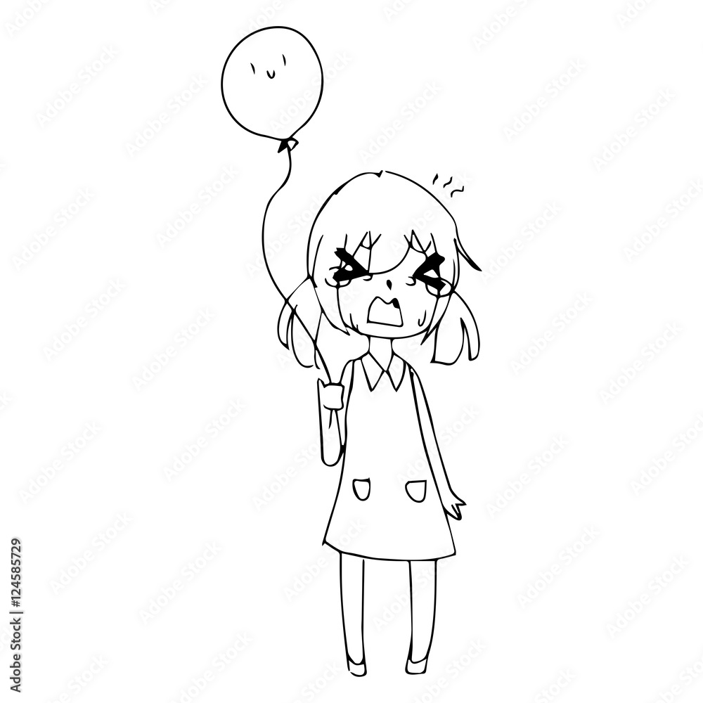 illustration vector hand drawn doodle of little girl crying with balloon illustration vector hand drawn doodle of little girl crying with balloon