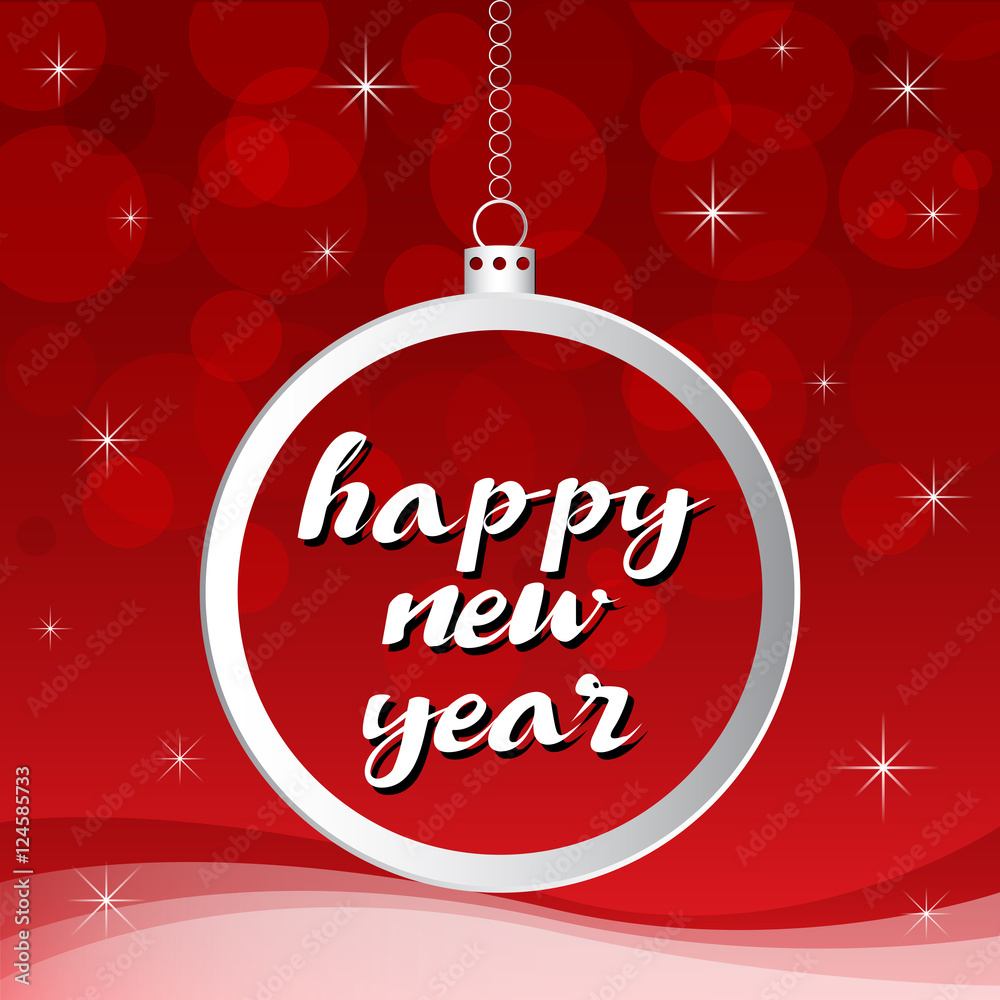 Naklejka premium Happy New Year card round banner on red background. Greeting card template. Vector illustration.