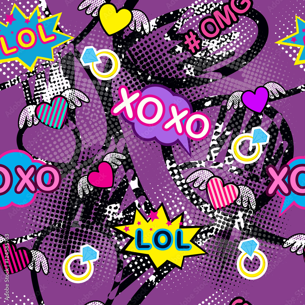 Abstract seamless pattern for girl and boy. Creative colorful wallpaper  with Pop art comics speech bubbles, clouds,words. Grunge urban background  for textile, fashion, sport , purple, neon Stock Vector | Adobe  Stock