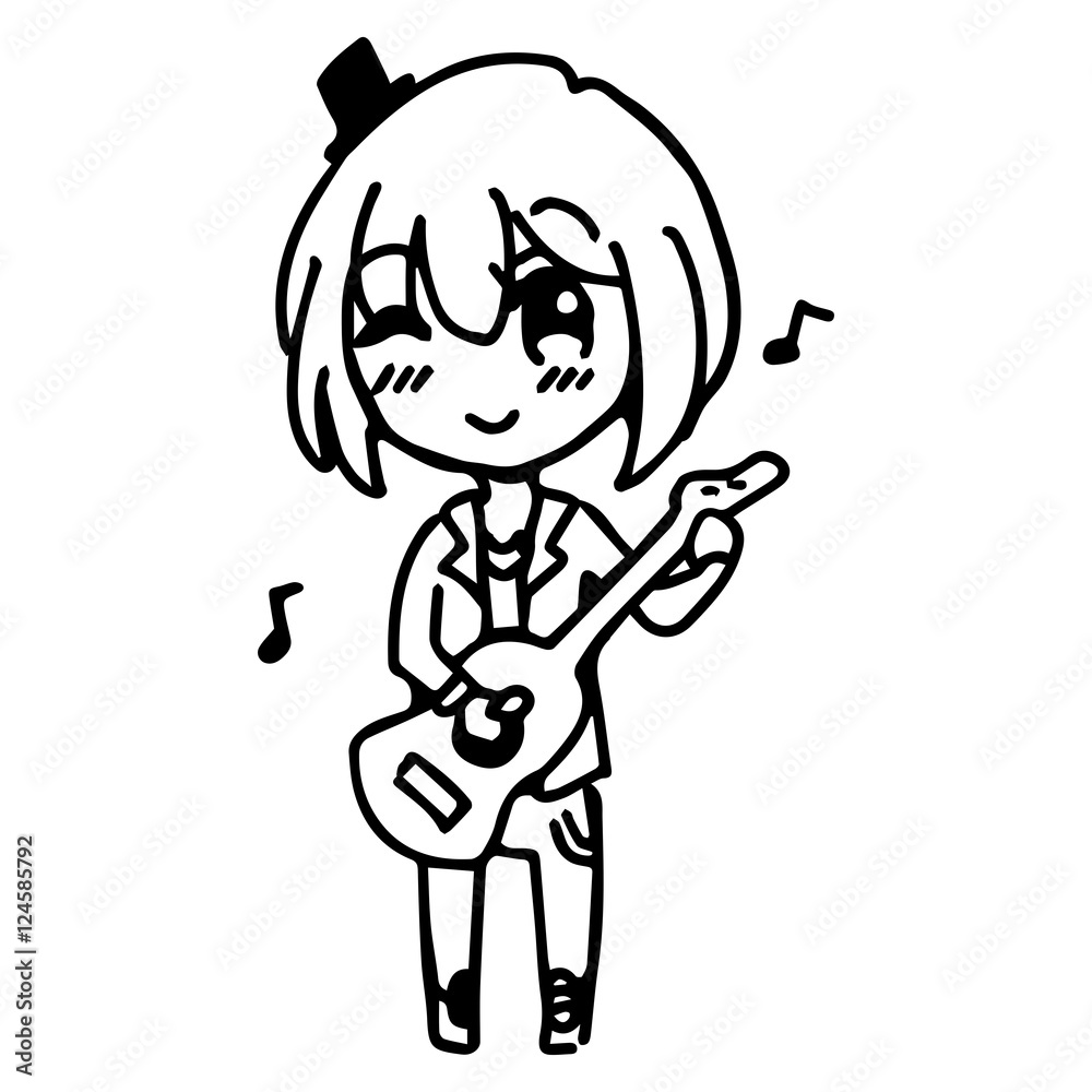 illustration vector hand drawn doodle of closeup happy girl playing guitar illustration vector hand drawn doodle of closeup happy girl playing guitar