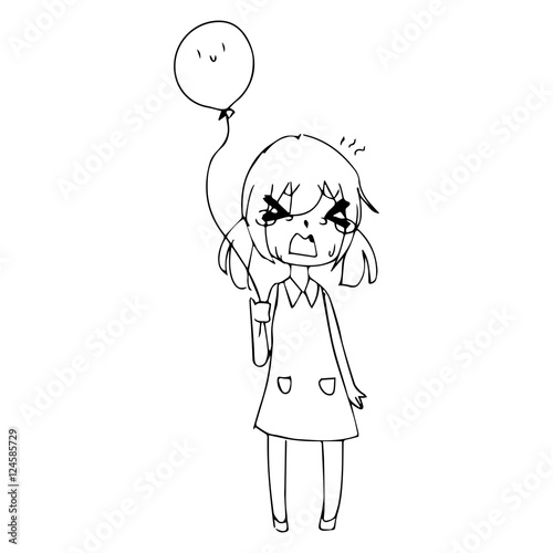 illustration vector hand drawn doodle of  little girl crying with balloon