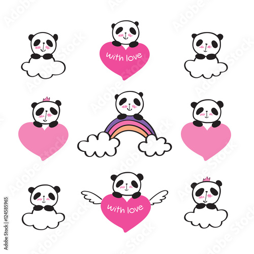 Fototapeta Naklejka Na Ścianę i Meble -  Set of stickers with cute pandas, rainbow, clouds and hearts. Badges for clothing. Doodles, sketch for your design. Hand drawing. Vector.