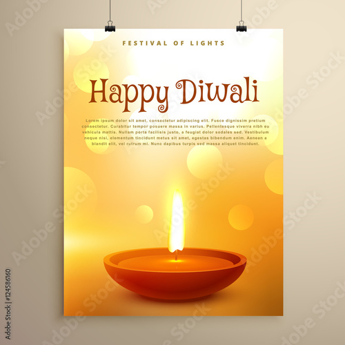 happy diwali festival greeting with realistic diya and bokeh eff