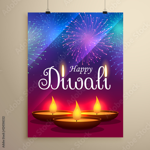 happy diwali festival greeting design with diya and fireworks