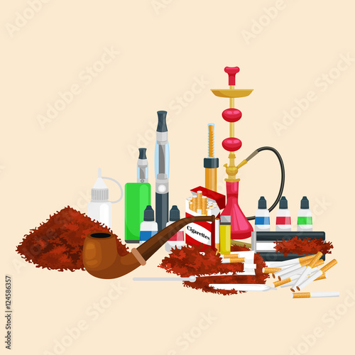 Smoking tobacco products icons set with cigarettes hookah cigars lighter isolated vector illustration