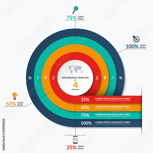 Circle infographic template. Vector banner with 4 options- 25, 50, 75, 100 percent. Can be used for diagram, graph, chart, report, data visualization, presentation, web design photo