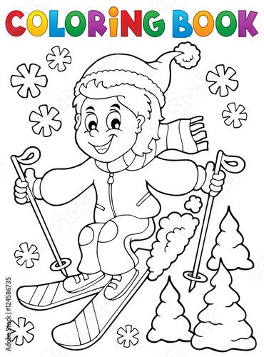 Coloring book skiing boy theme 1