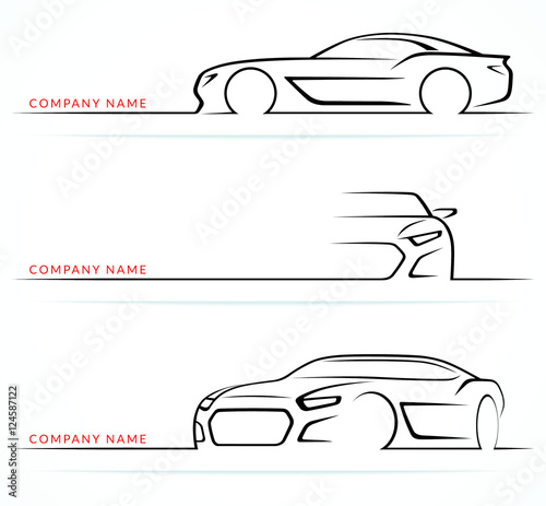 Set of sports car silhouettes isolated on white background. Front  rear  side views. Vector illustration