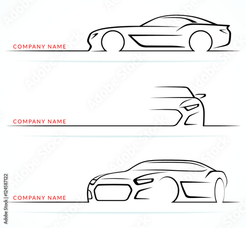 Set of sports car silhouettes isolated on white background. Front, rear, side views. Vector illustration