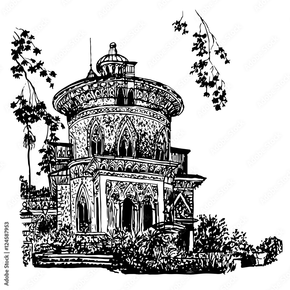 background Side facade of the palace in the estate of Montserrat, in Sintra, Portugal, sketch hand drawn vector illustration