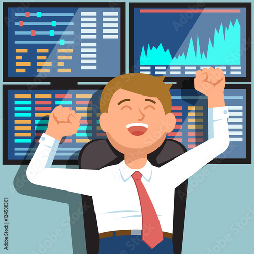 Successful businessman young trader with hands raised on background of blue computer screen with stock market graph diagram information. Vector illustration of happy trader success