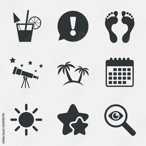 Beach holidays icons. Cocktail, human footprints.