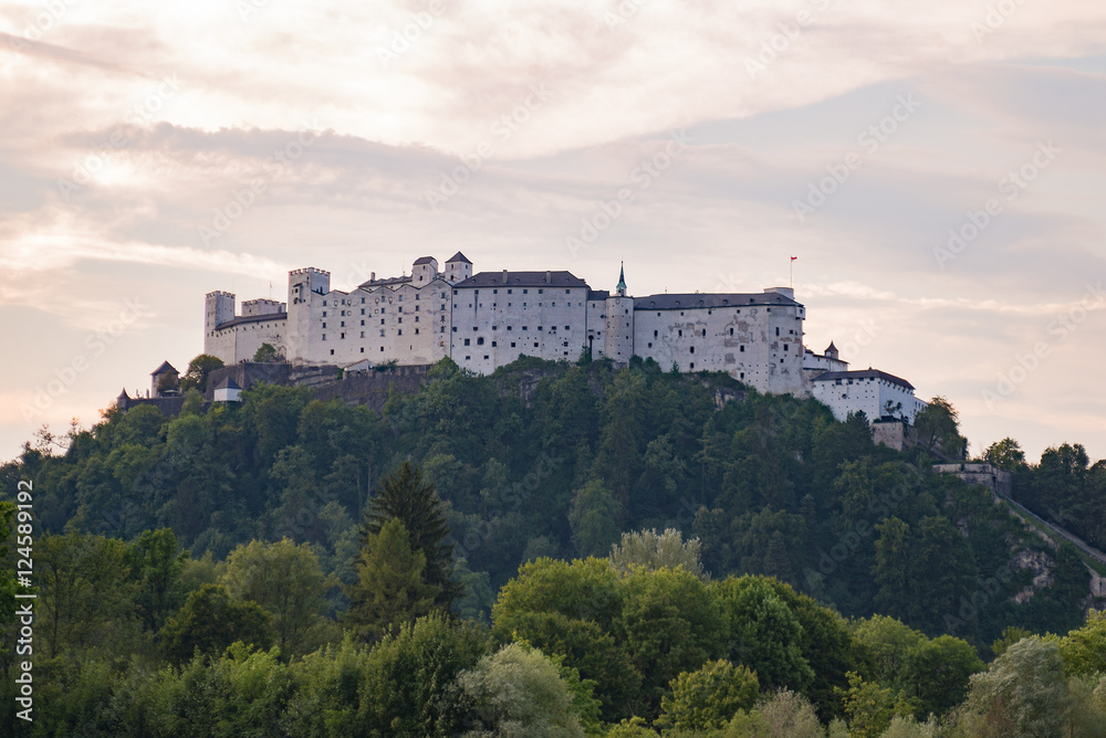 Salzburg castle fortress Hohensalzburg on a hill, sunrise sunset