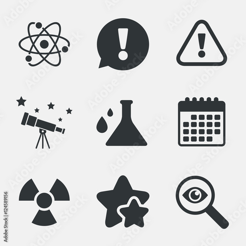 Attention radiation icons. Chemistry flask.