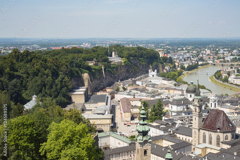 Salzburg aerial drone view city cityscape center church river