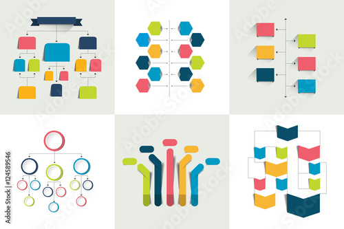 Flowcharts. Set of 6 flow charts schemes, diagrams. Simply color editable. Infographics elements.
