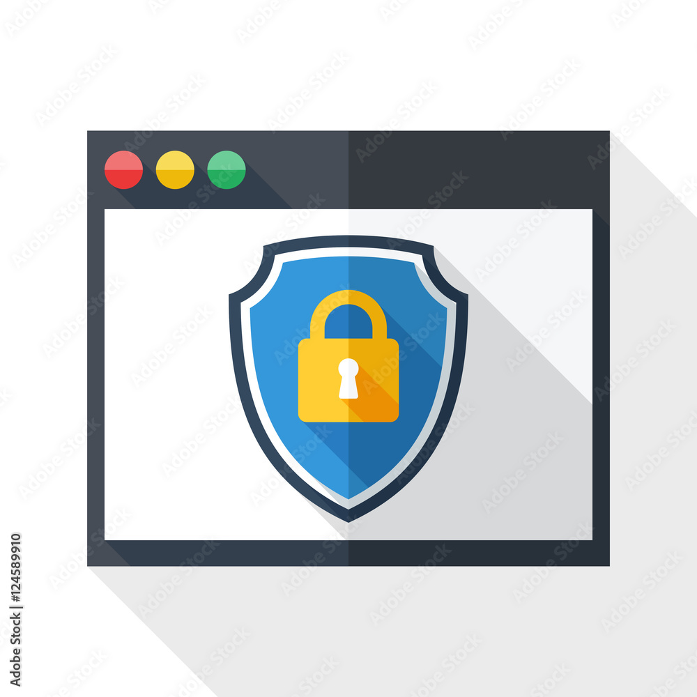 Vector Program window icon with a protective shield symbol. Simple icon in flat style with long shadow on white background Vector Program window icon with a protective shield symbol. Simple icon in flat style with long shadow on white background