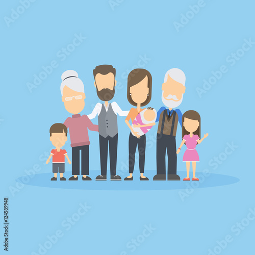 Isolated happy family on blue background. All members of the family like parents, grandparents and children.