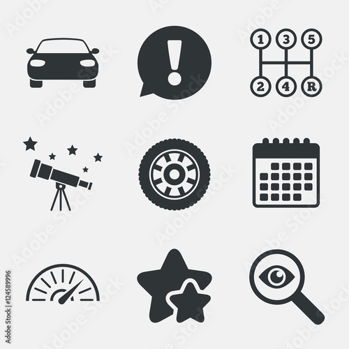 Transport icons. Tachometer and wheel signs.
