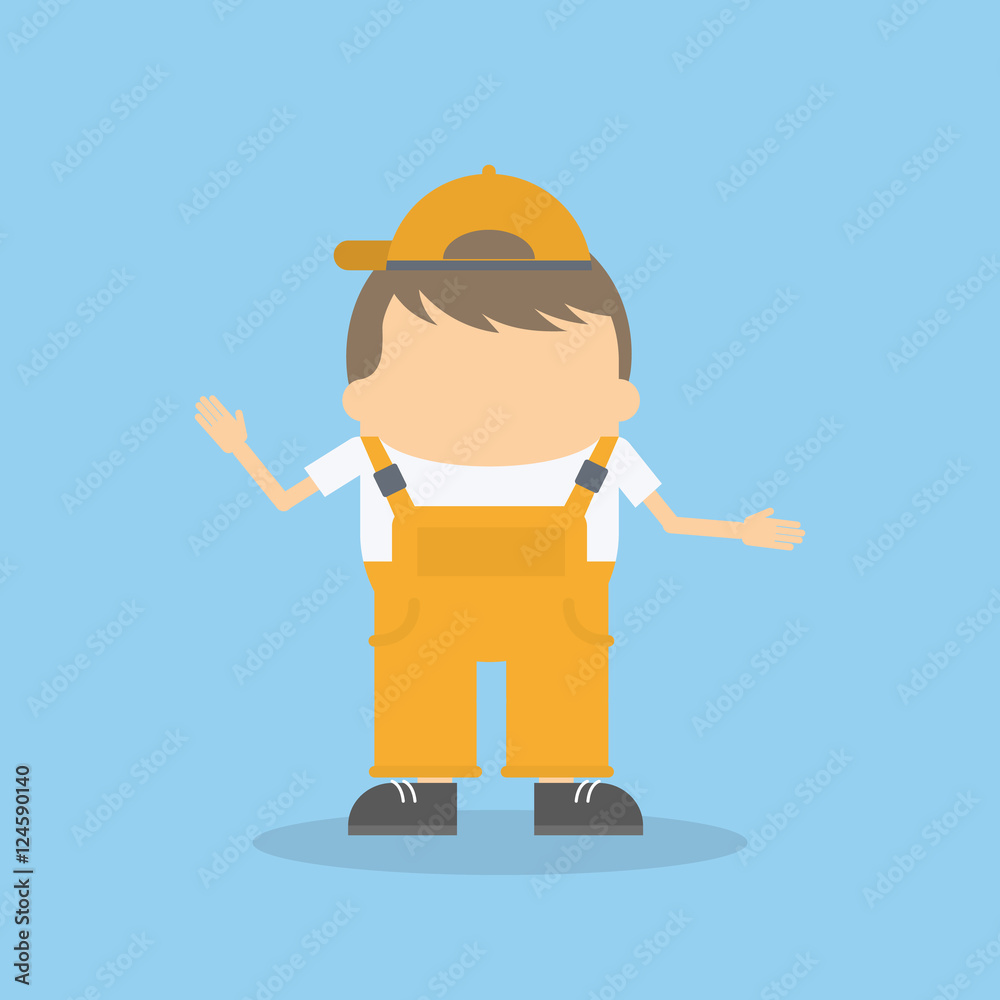 Isolated builder kid on blue background. Funny cartoon character in uniform and cap.