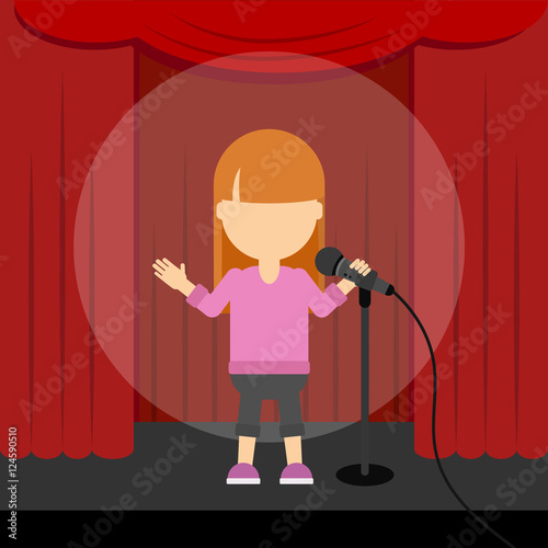 Stand up comedy. Female presenter and comedian standing at the scene with red curtains and spotlight.
