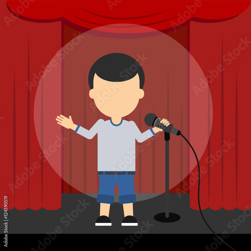 Stand up comedy. Male presenter and comedian standing at the scene with red curtains and spotlight.